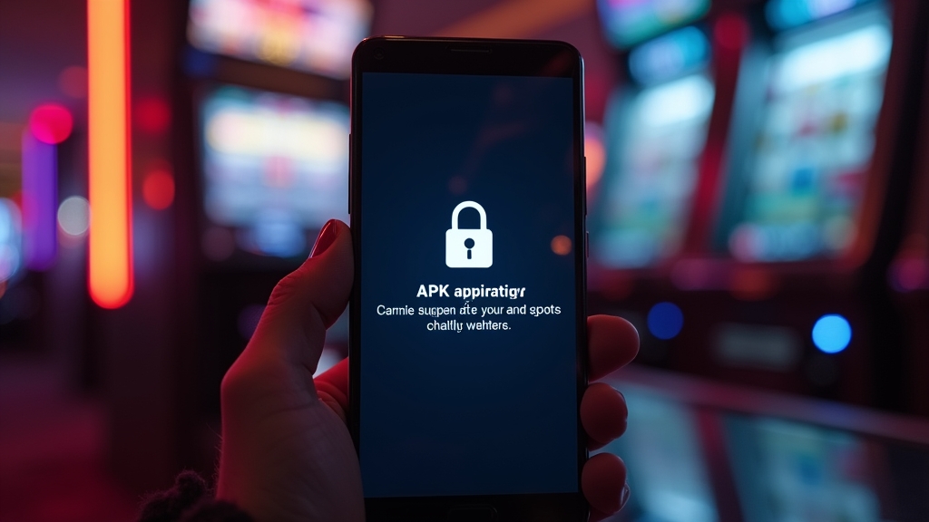 Celular Android com arquivo APK e ícone de segurança em cenário de cassino