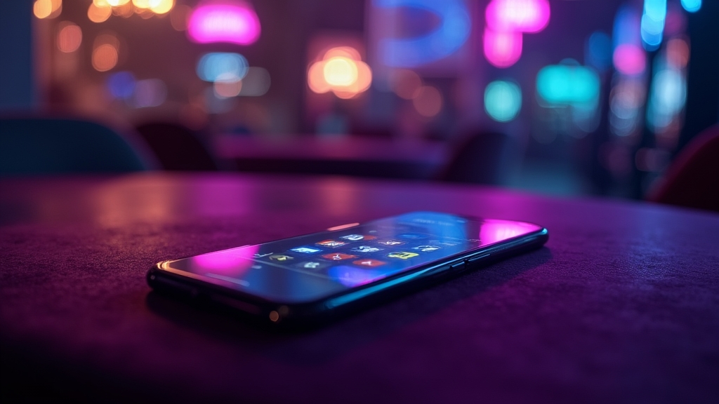 Celular com interface móvel de cassino em ambiente escuro e luzes neon