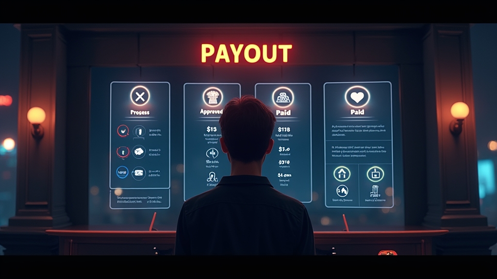 Painel de status de payout com etapas de liberação em cassino escuro